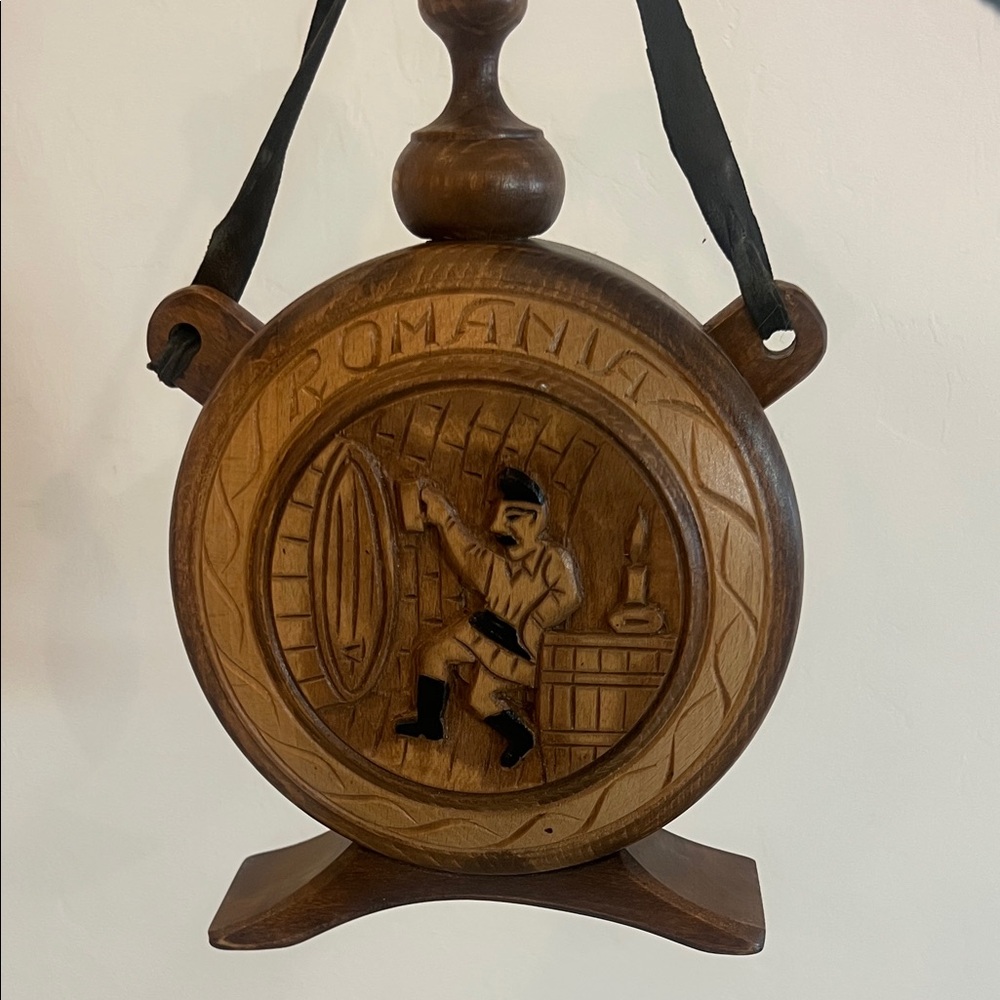 Romanian: HAND CARVED WOODEN CANTEEN